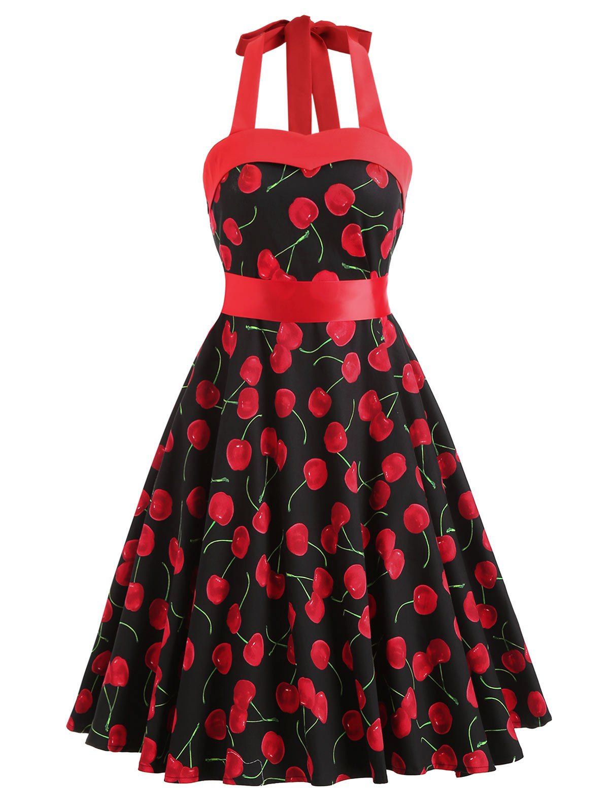 

Vintage Cherry Print Halter Dress, Red