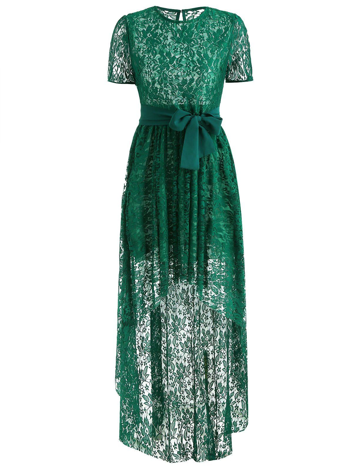 

Belted Lace High Low Hem Dress, Jungle green