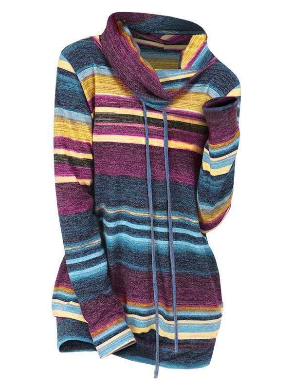 

Drawstring Collar Striped Knitwear, Deep blue