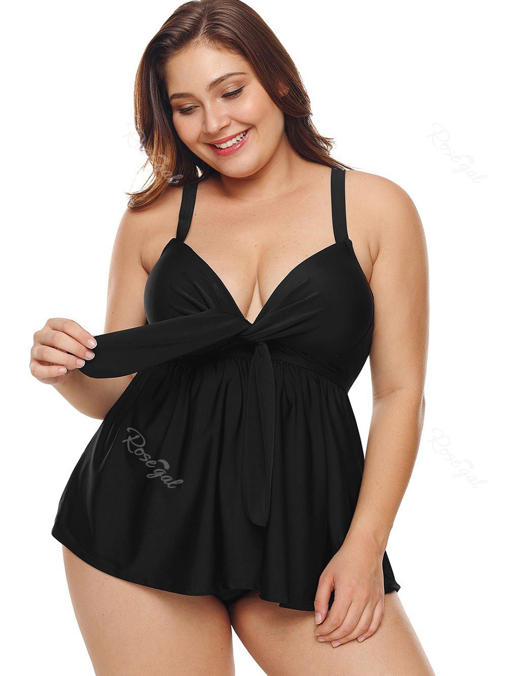 

Tied Front Plus Size Back Criss Cross Tankini Set, Black