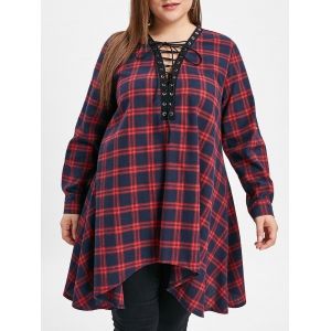 

Lace Up Plus Size Plaid Asymmetrical Shirt, Multi