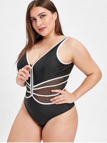 

Back Ladder Cut Out Plus Size Mesh Panel Swimwear, Black