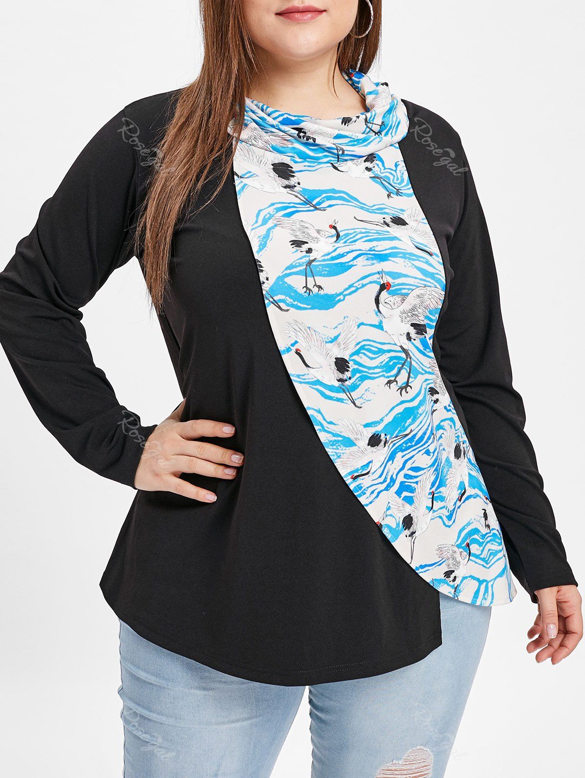

Cowl Neck Plus Size Birds Print T-shirt, Black