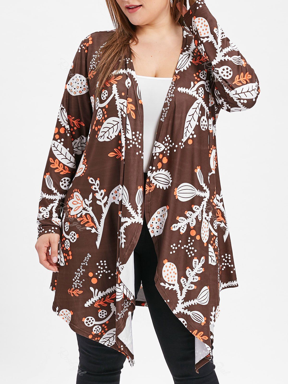 

Open Front Plus Size Printed Coat, Brown