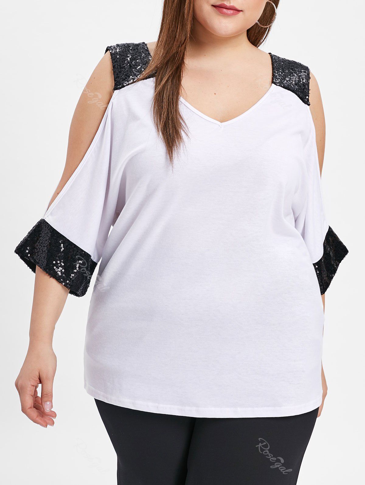 

V Neck Plus Size Sequin Embellished T-shirt, White