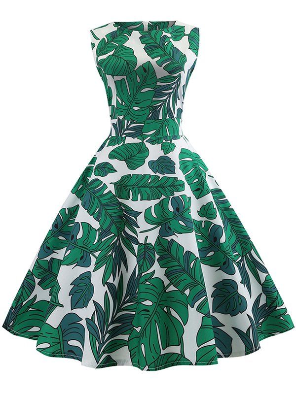 

Vintage Tropical Leaf Print Sleeveless Dress, Medium spring green