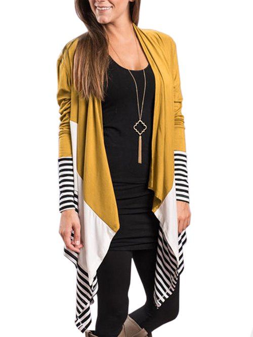 

Drape Front Color Block Striped Cardigan, Yellow