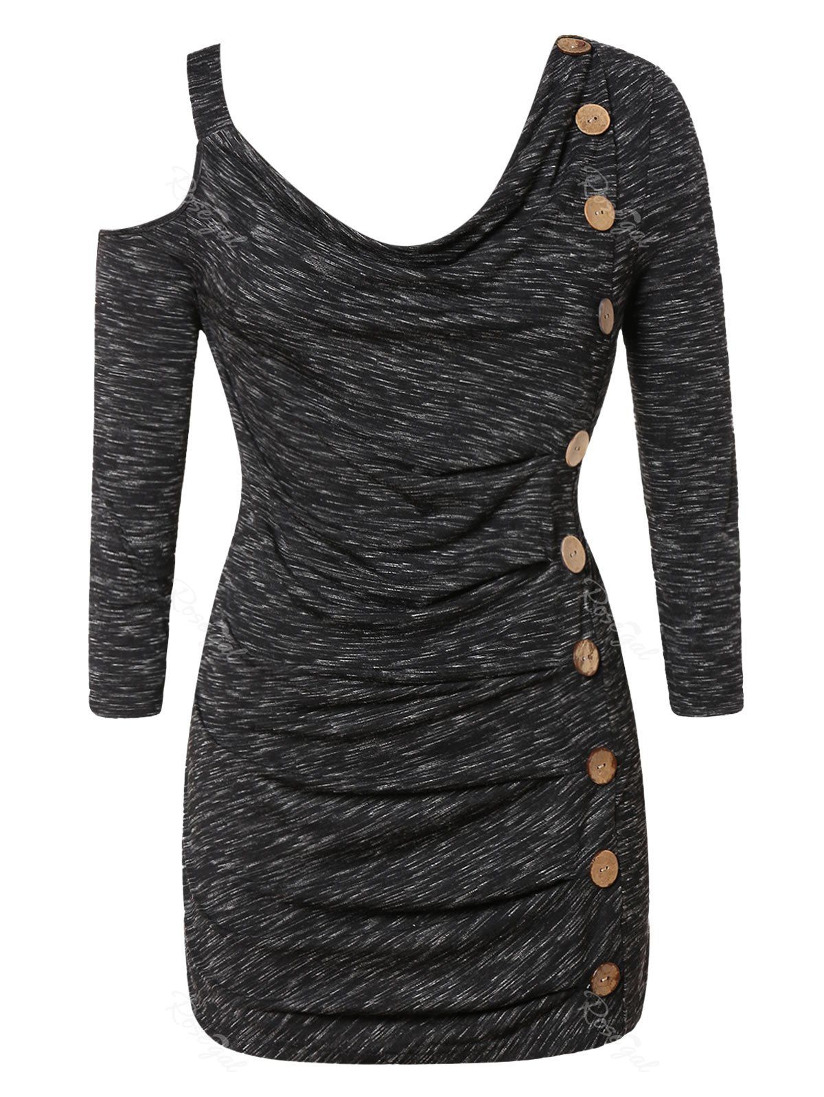 

Plus Size Ruched Buttons Open Shoulder T-shirt, Battleship gray