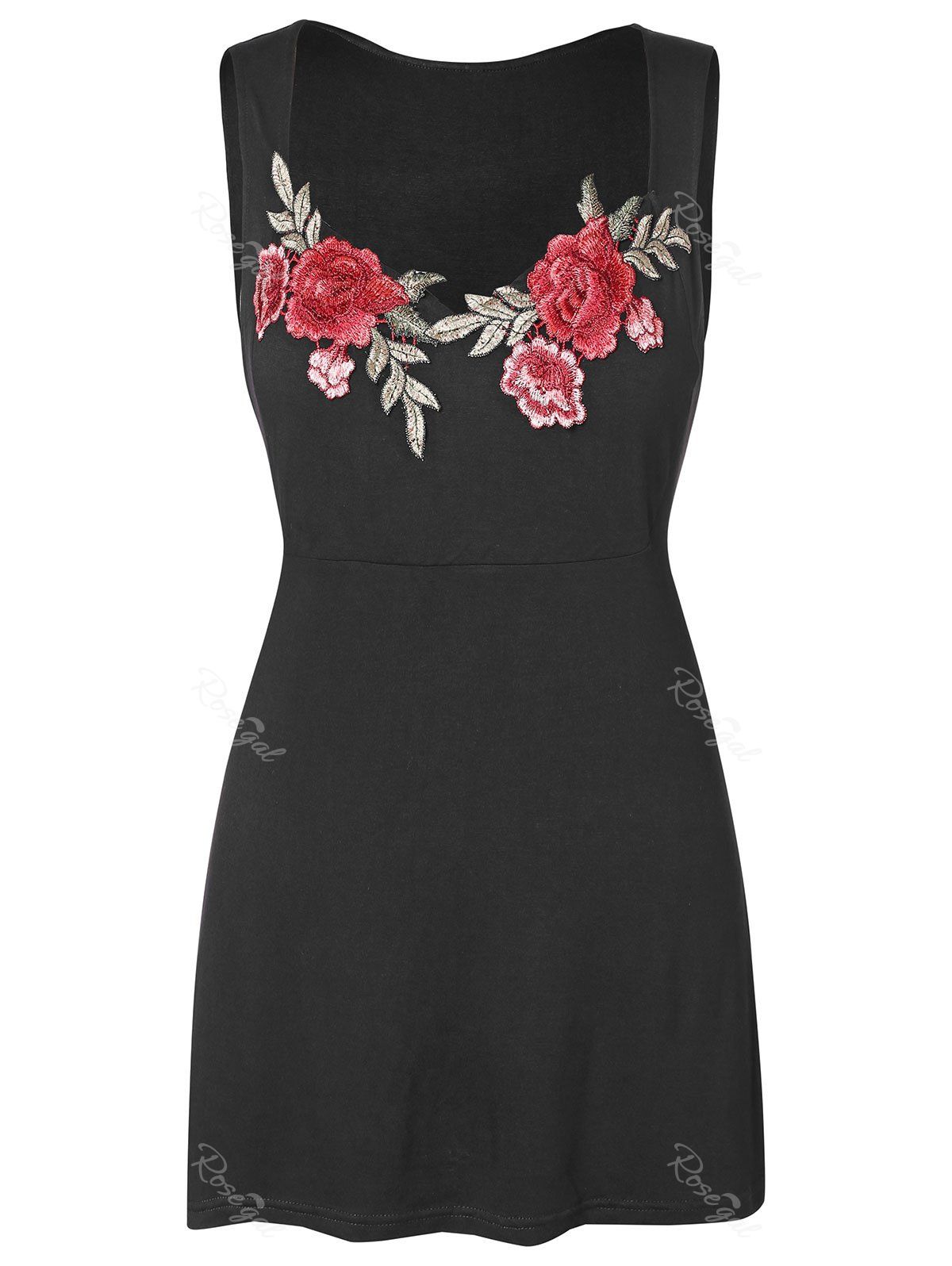 

Floral Embroidery Plus Size Sweetheart Neck Tank Top, Black