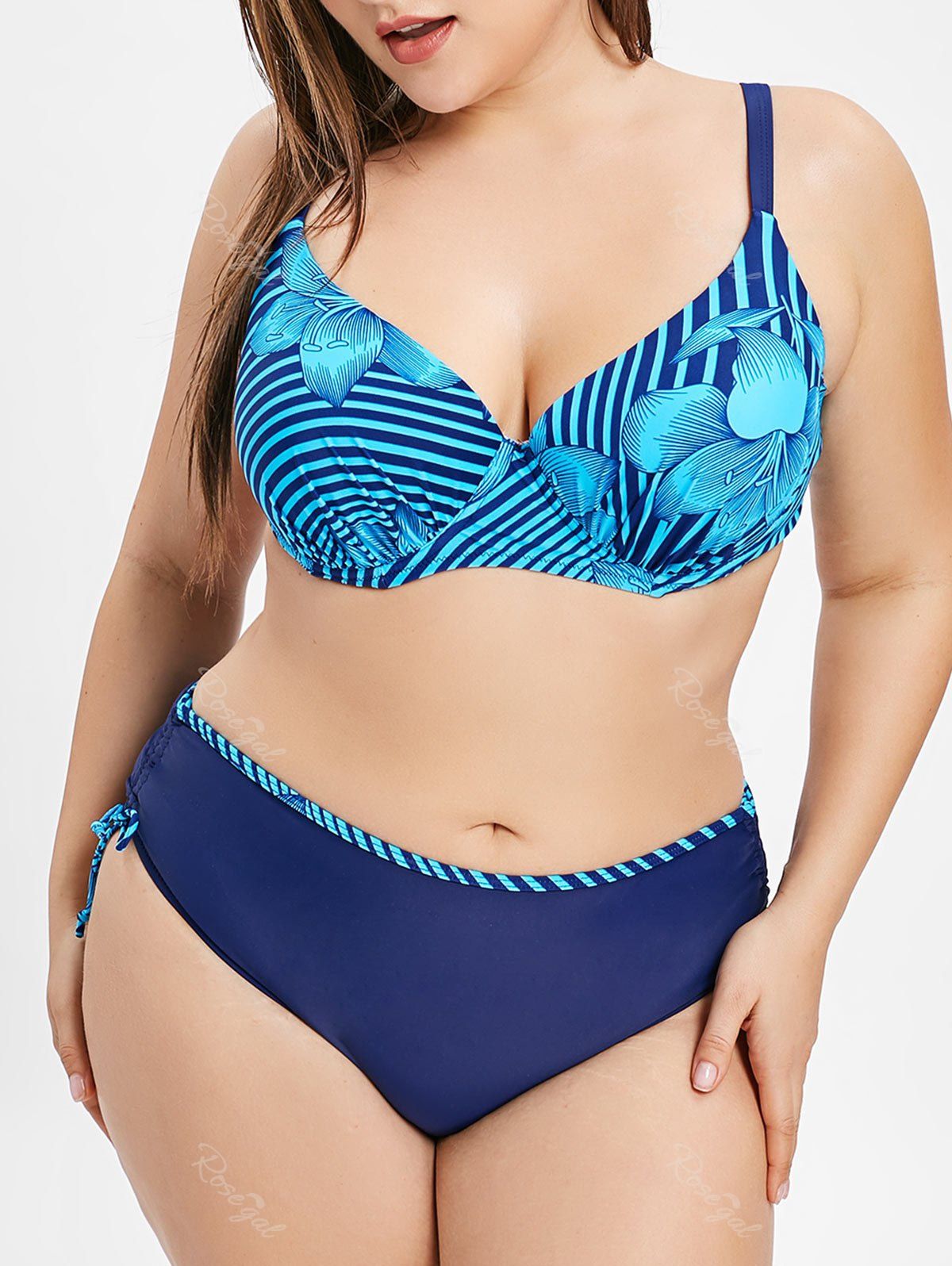

Floral Striped Print Plus Size Bikini Set, Blue
