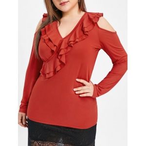 

Plus Size Flounce Open Shoulder T Shirt, Red