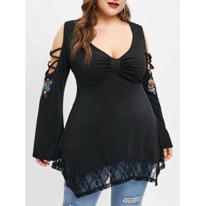 

Criss Cross Sleeve Plus Size Lace Hem T-shirt, Black