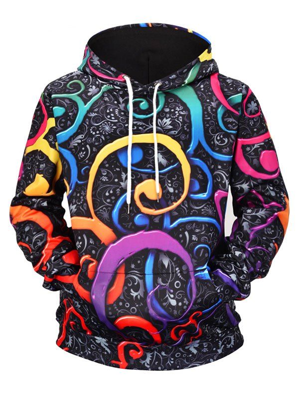 

Graffiti Floral Print Pouch Pocket Pullover Hoodie, Black