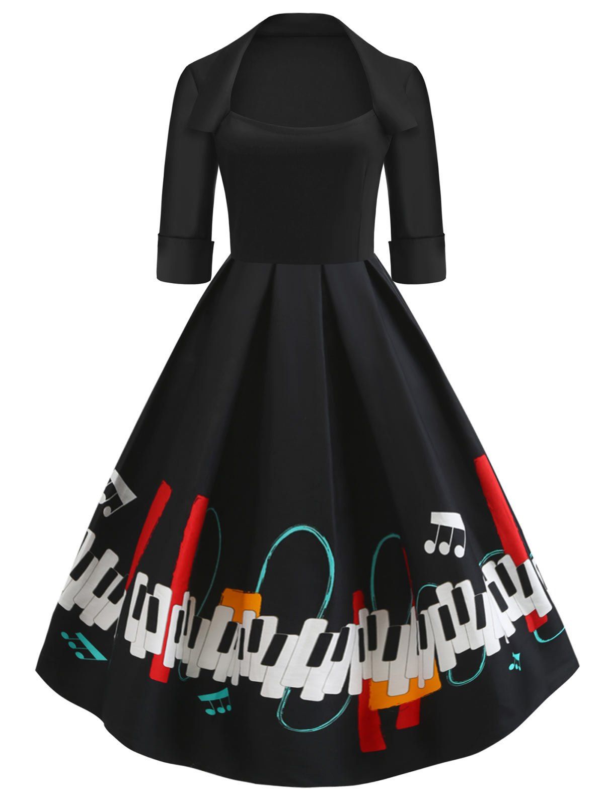 

Vintage Piano Key Print A-line Dress, Black