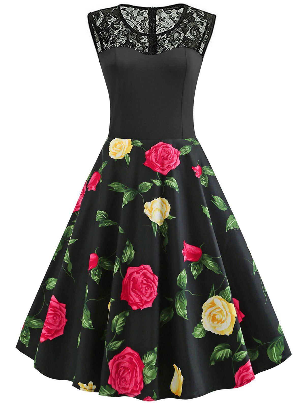 

Vintage Floral Print Lace Insert Dress, Black