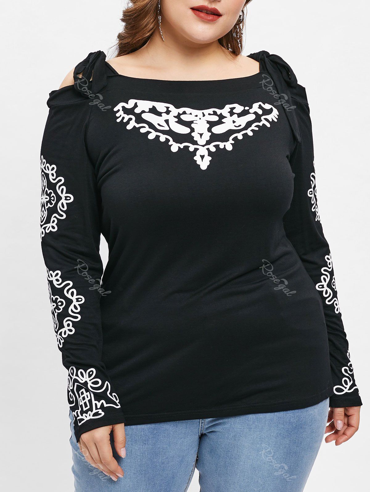 

Tribal Printed Open Shoulder Plus Size T-shirt, Black
