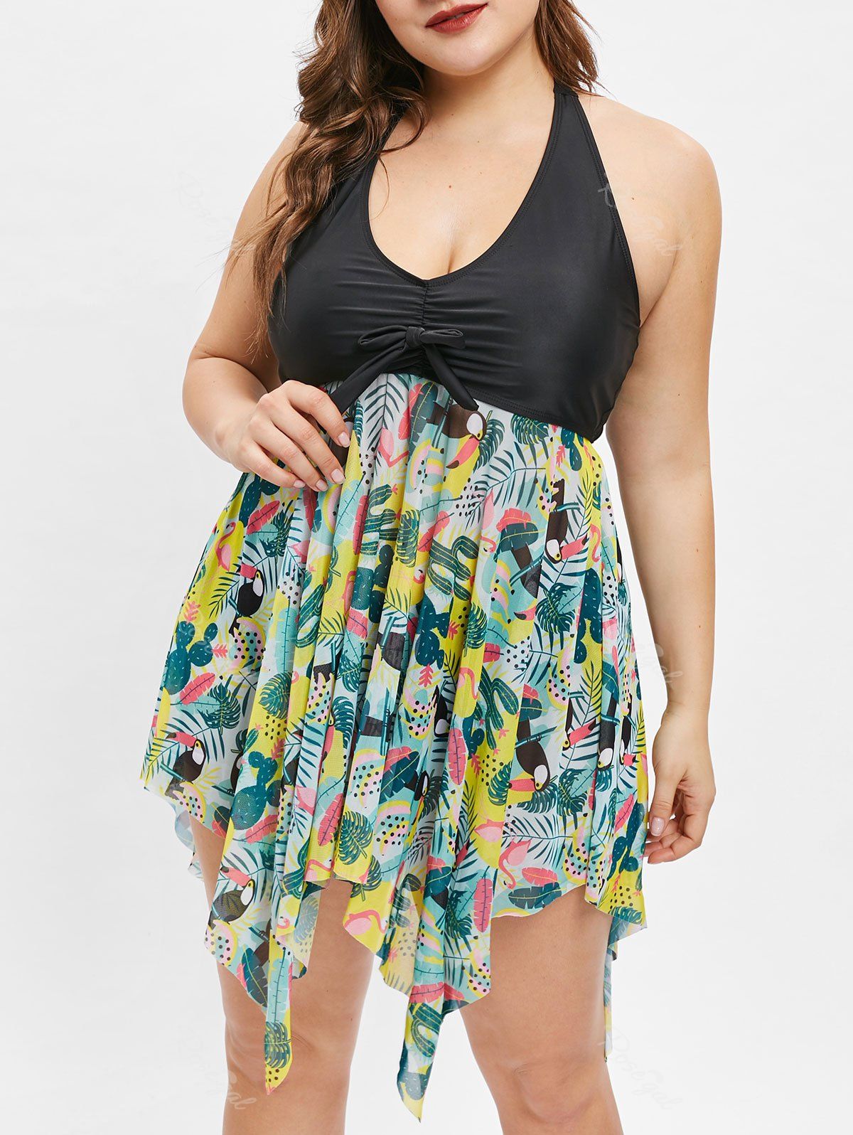

Plus Size Graphic Asymmetrical Tankini Set, Multi