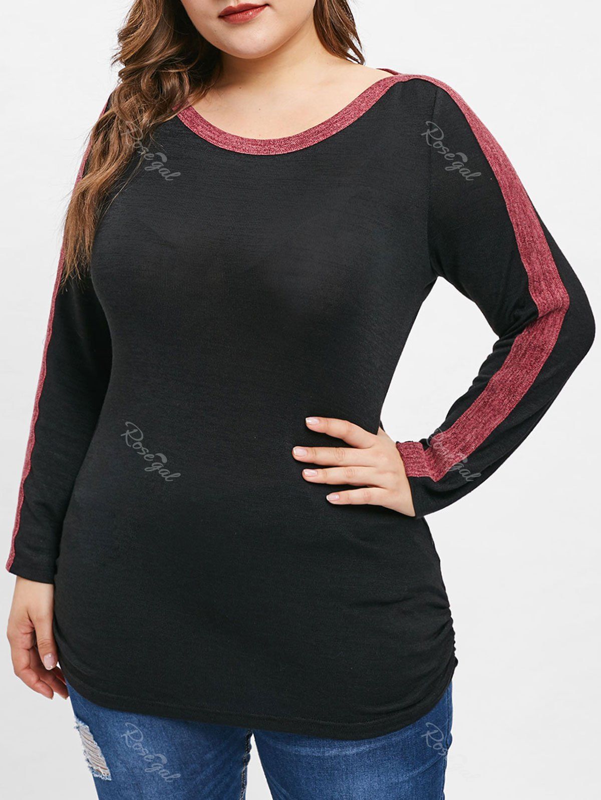 

Plus Size Contrast Trim Curved T-shirt, Black