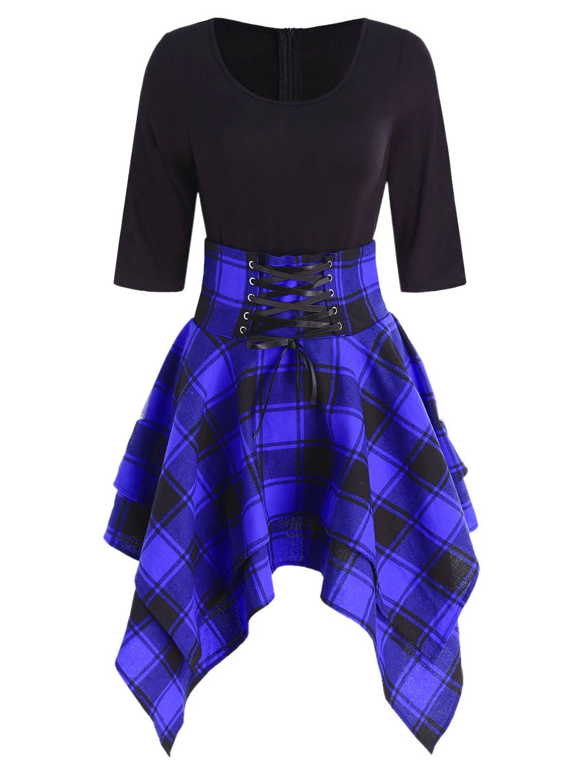 

Lace Up Tartan Asymmetrical Dress, Cobalt blue