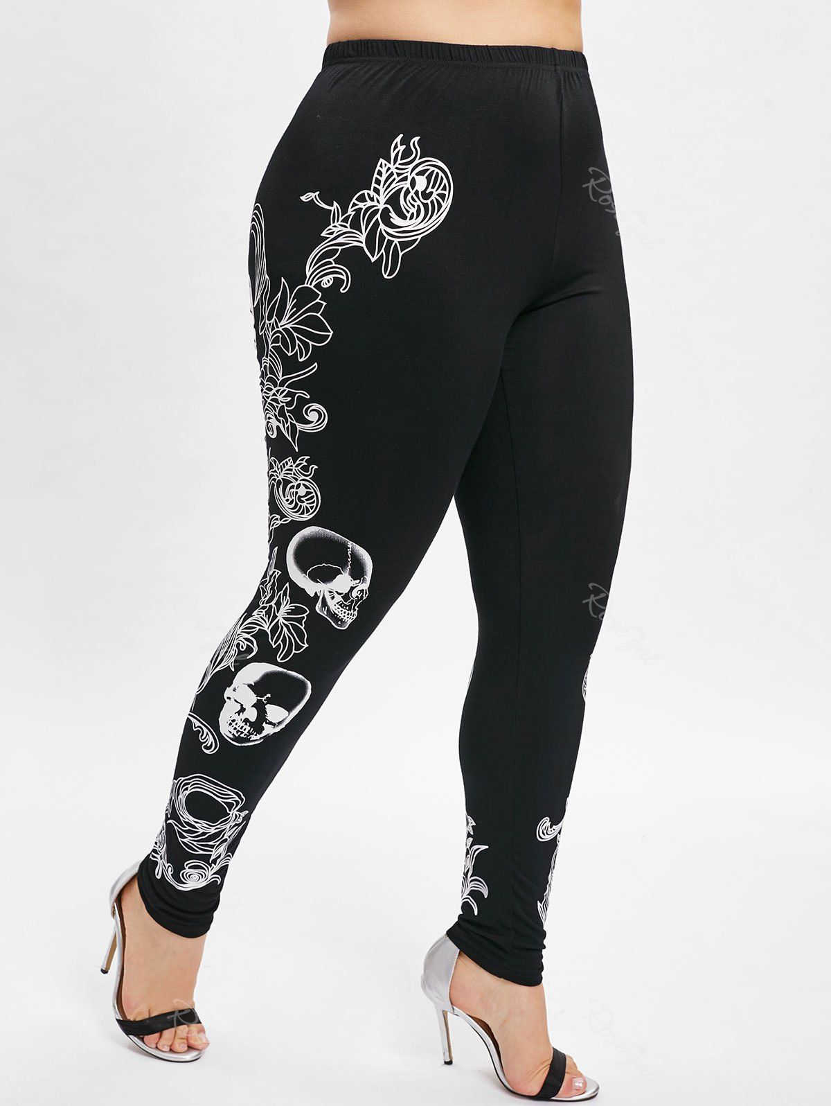 

Skull Floral Print Plus Size Skinny Leggings, Black