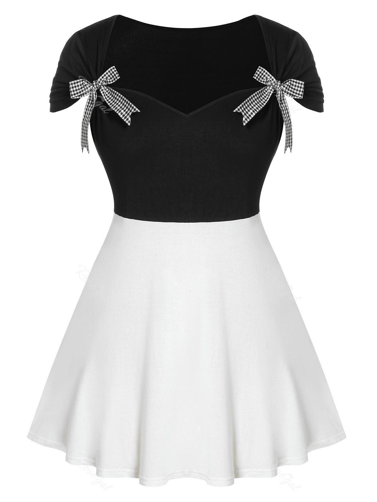 

Bowknot Embellished Plus Size Color Block T-shirt, Black