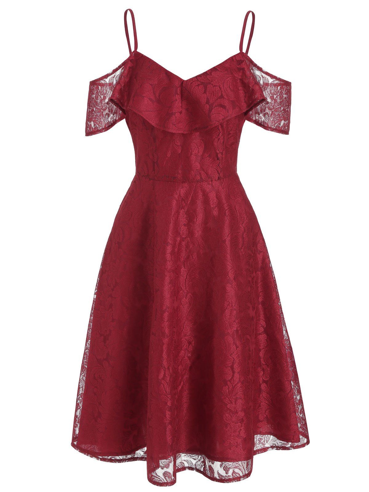 

V Neck Cold Shoulder Ruffle Dress, Red wine