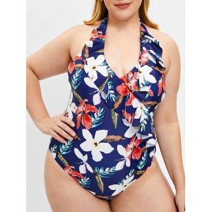 

Halter Neck Floral Print Plus Size Swimwear, Multi