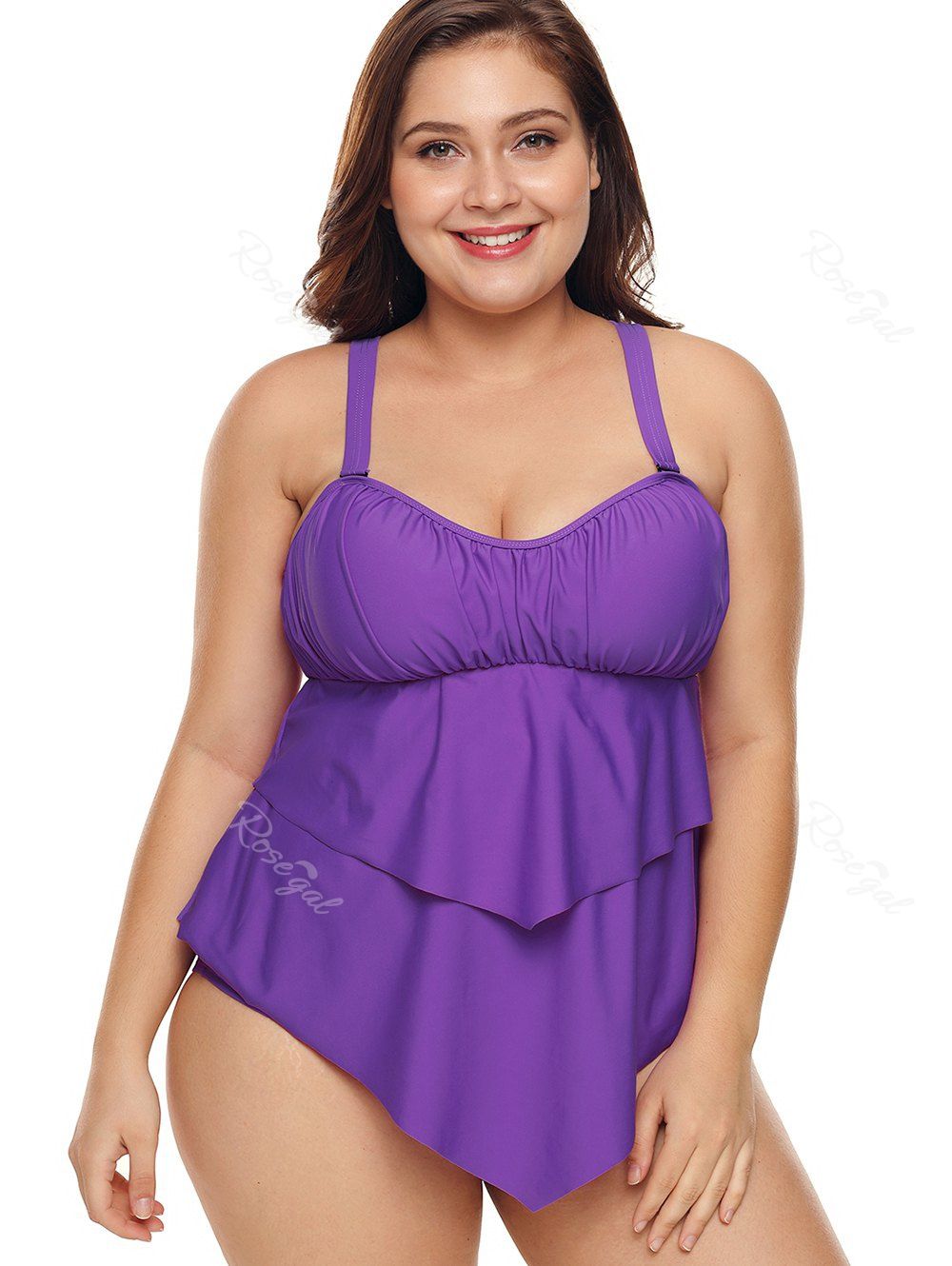 

Layered Ruffle Plus Size Padded Tankini Set, Purple flower