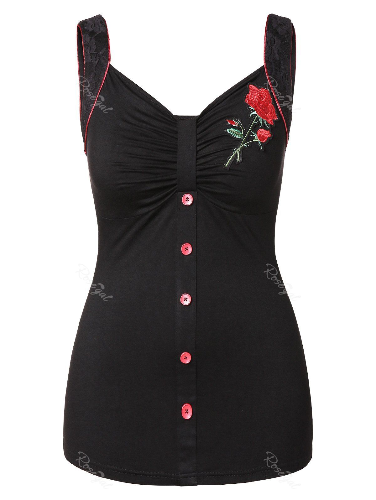 

Button Detail Floral Embroidery Plus Size Tank Top, Black