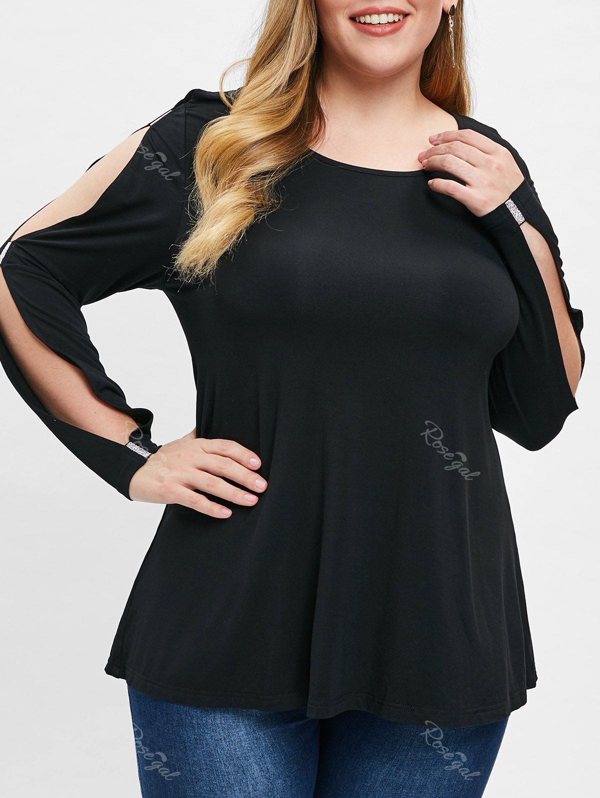 

Plus Size Solid Color Round Collar Flare T-shirt, Black