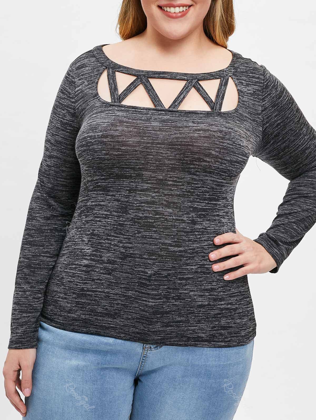 

Plus Size Long Sleeve Cut Out Front Cross T-shirt, Graphite black