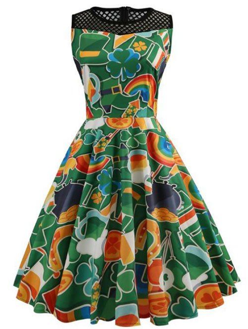 

Printed Mesh Panel Flare Dress, Multi