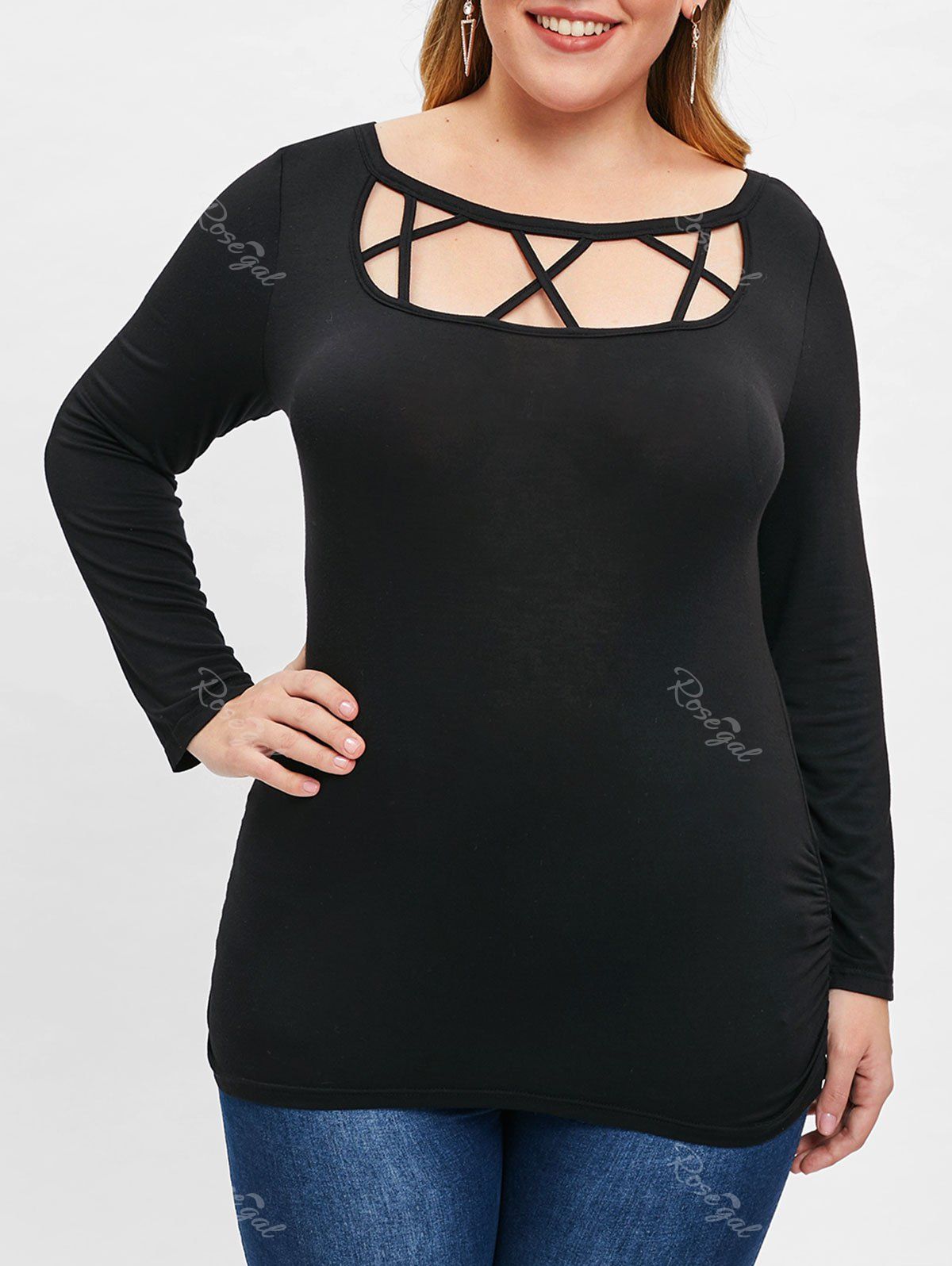 

Plus Size Long Sleeve Cut Out T-shirt, Black