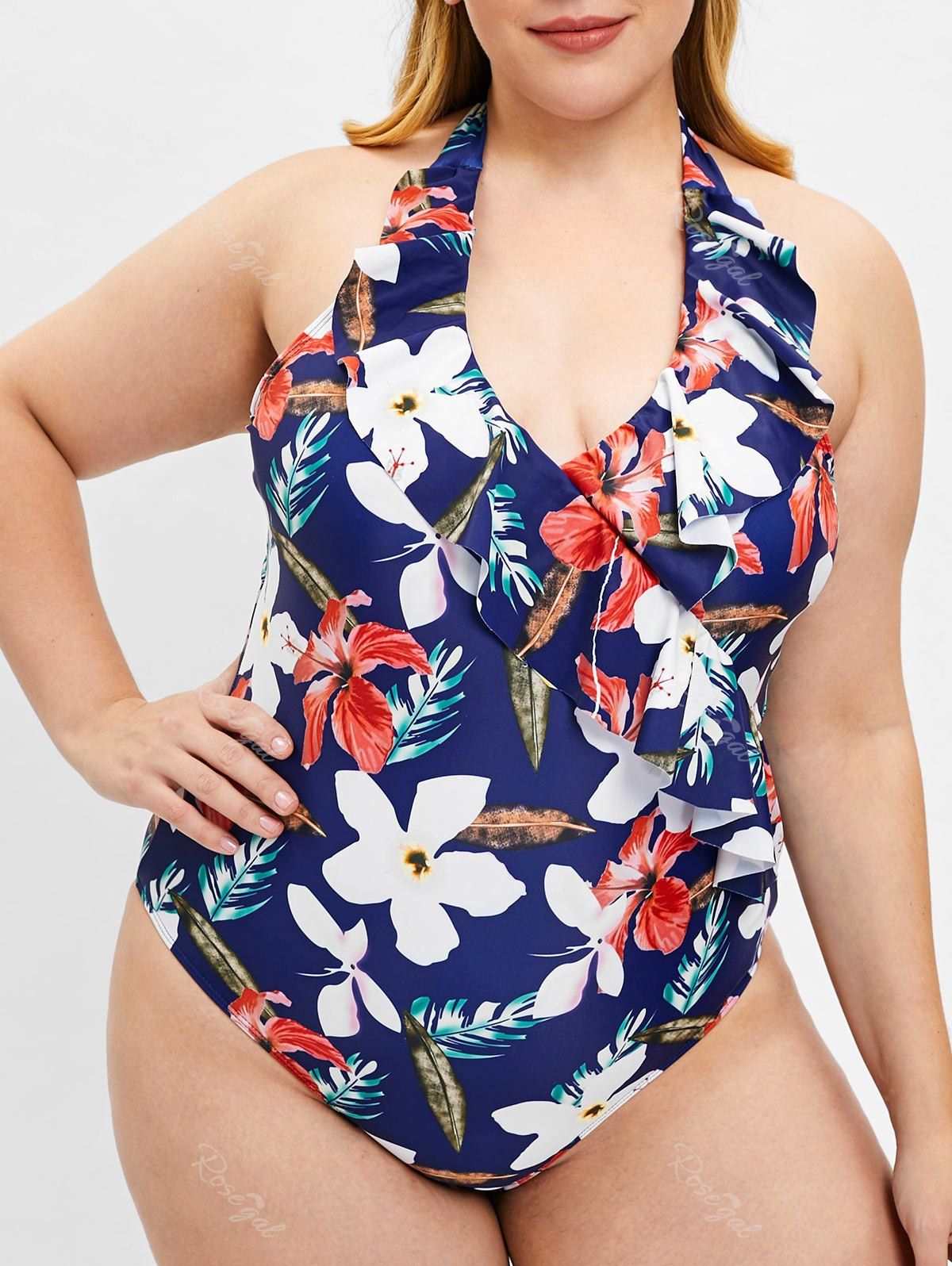 

Halter Neck Floral Print Plus Size Swimwear, Multi