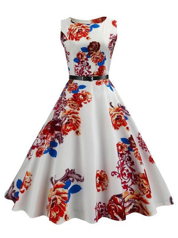 

Belted Flower Flare Dress, Multi-d