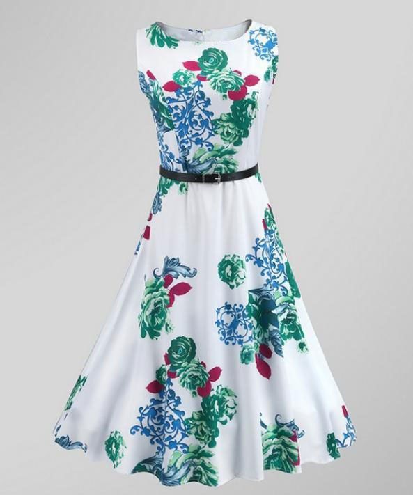 

Belted Flower Flare Dress, Multi-c