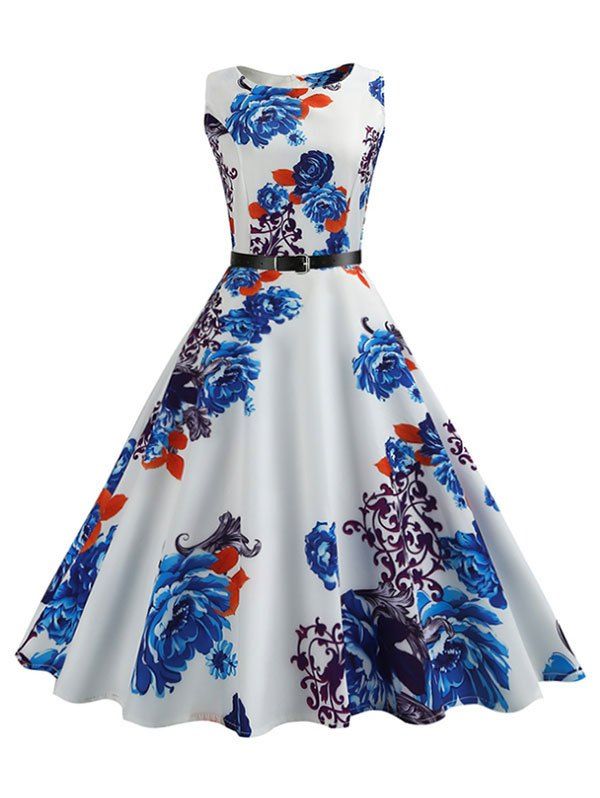 [62% OFF] Belted Flower Flare Dress | Rosegal