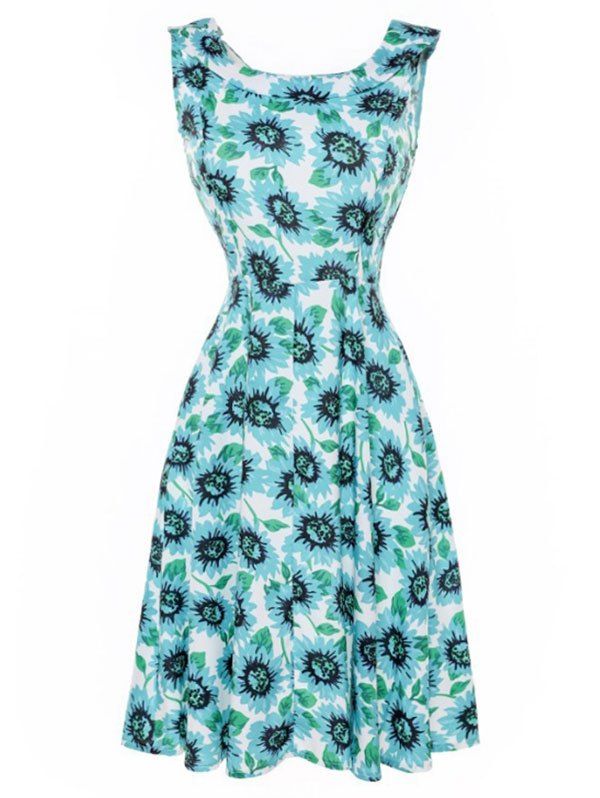 

Sunflower Print Sleeveless Flare Dress, Light aquamarine