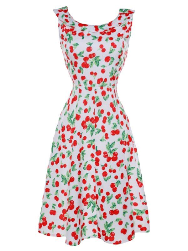 

Cherry Print Sleeveless Flare Dress, White