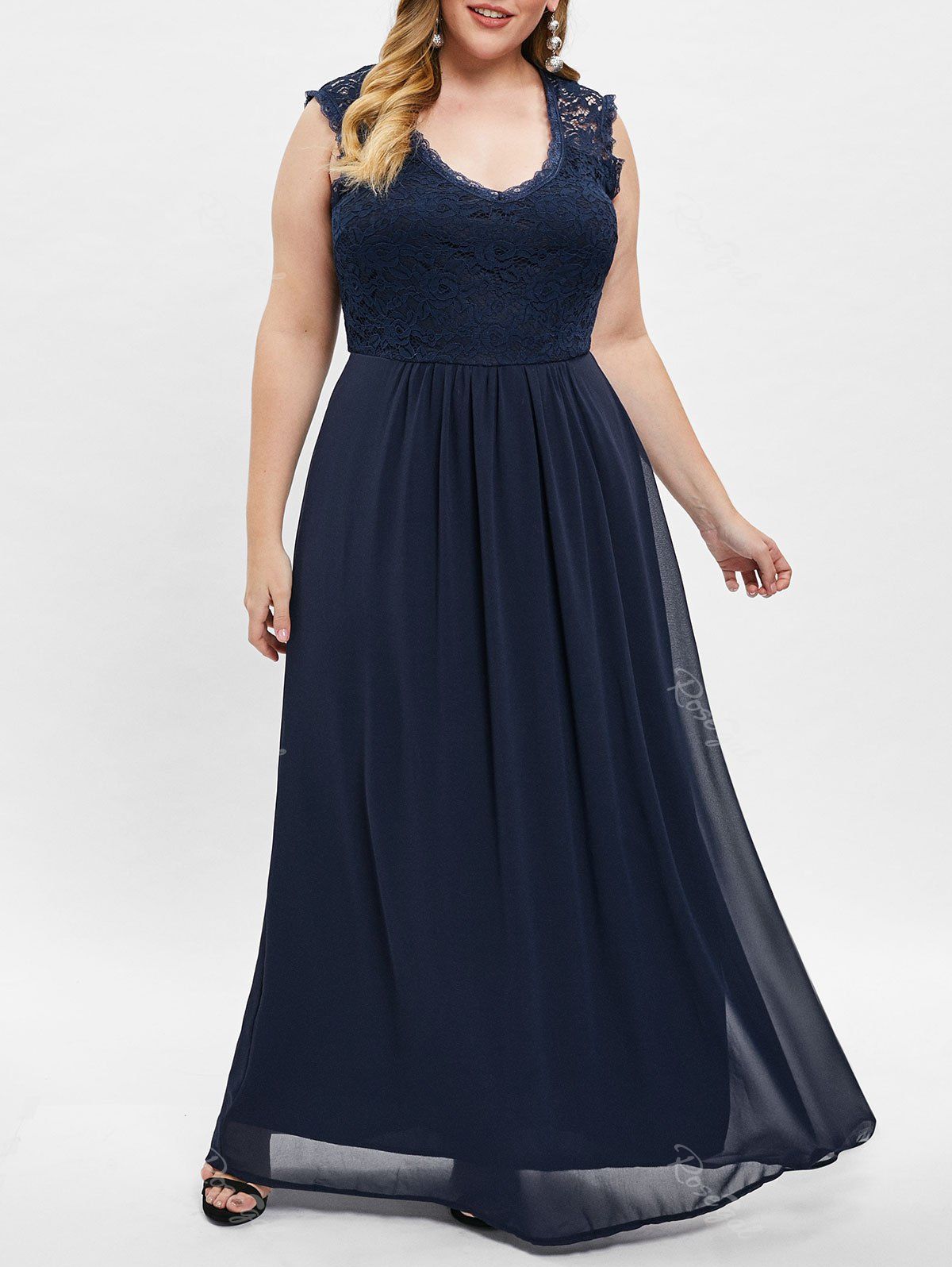 

Sleeveless Plus Size Lace Panel Maxi Dress, Deep blue