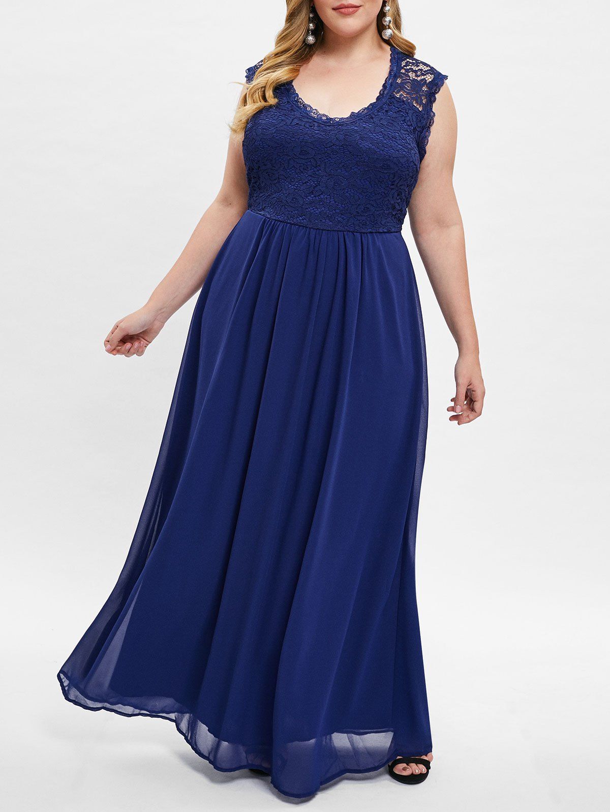 

Sleeveless Plus Size Lace Panel Maxi Dress, Blue