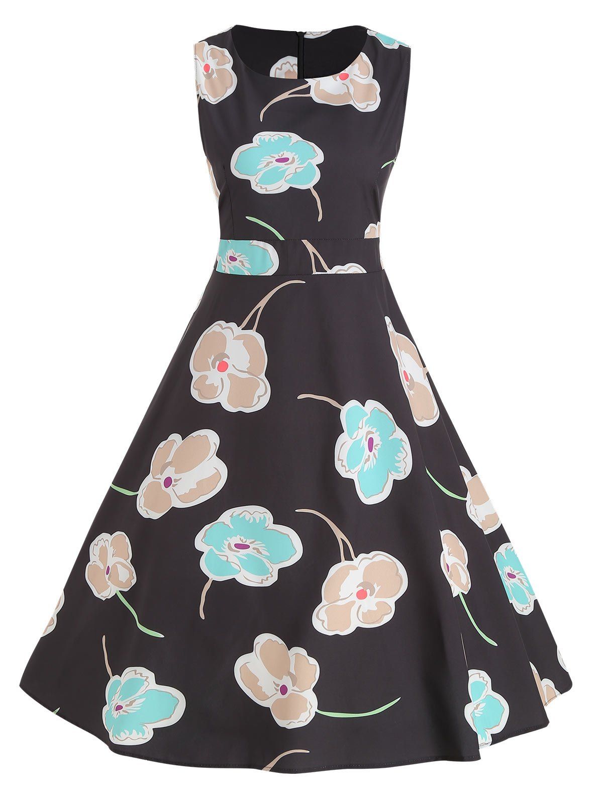 

Vintage Flower Print Tie Knot Sleeveless Dress, Black