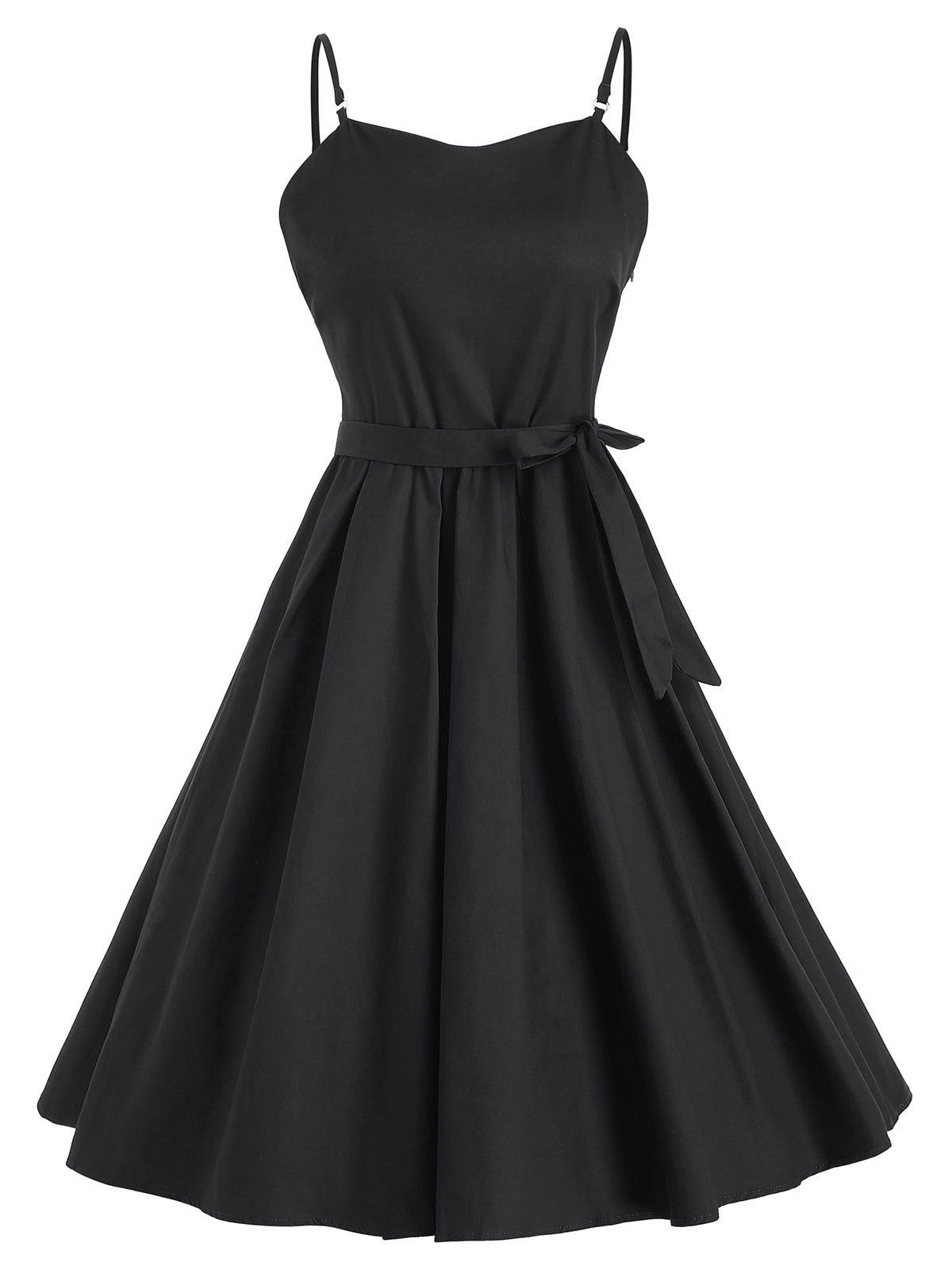 

Spaghetti Strap A Line Belted Vintage Dress, Black