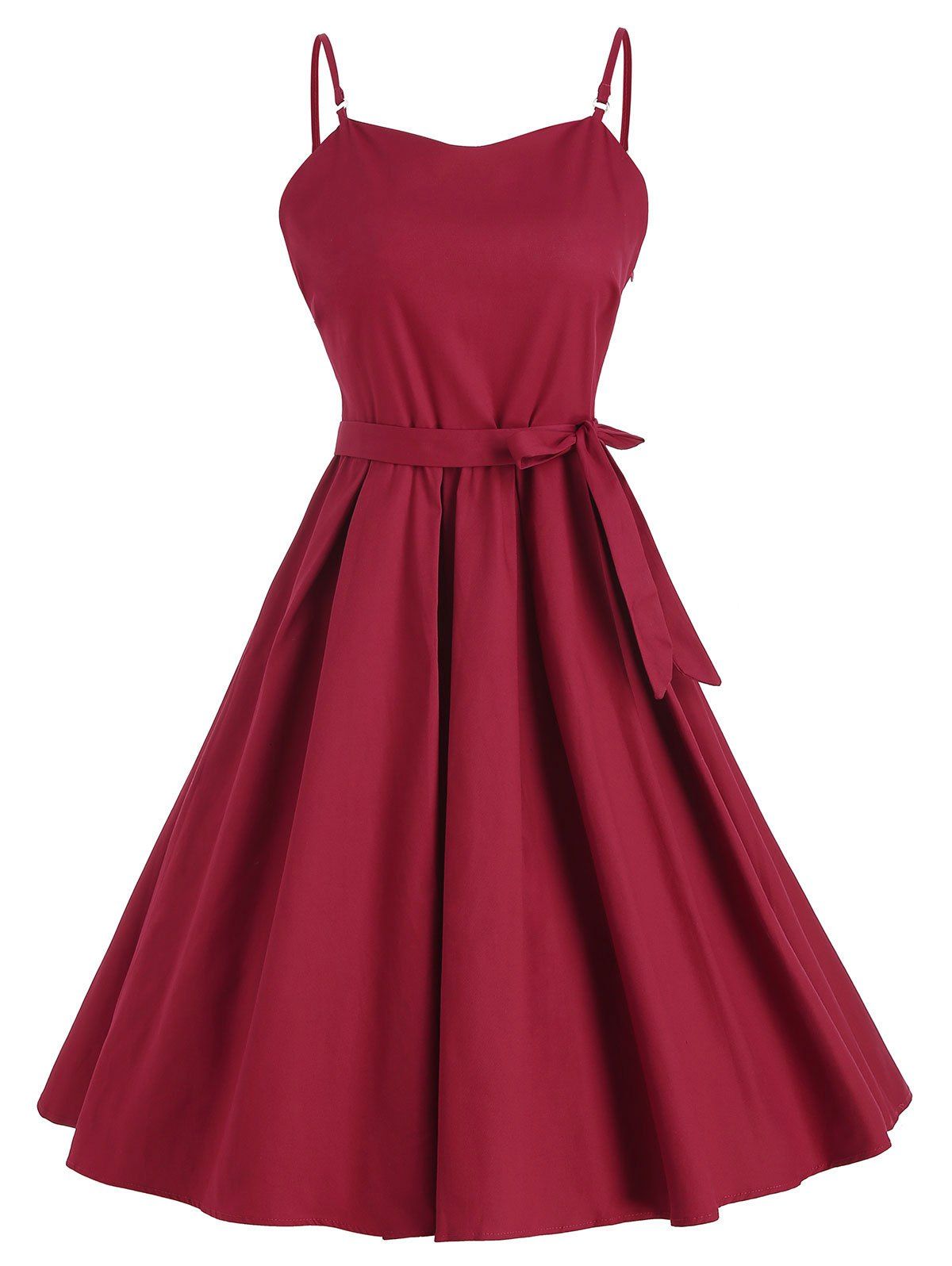 

Spaghetti Strap A Line Belted Vintage Dress, Red wine