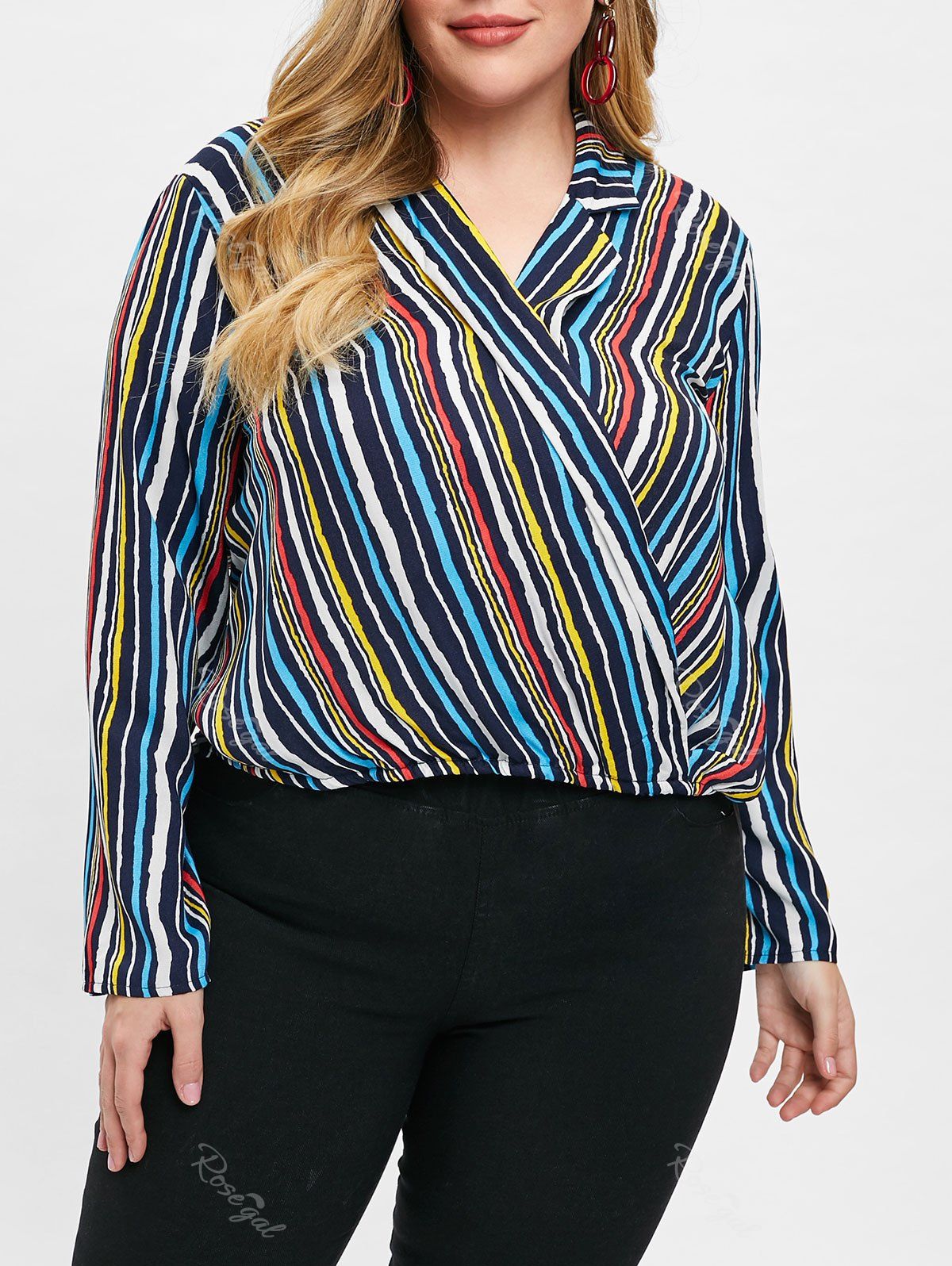 

Plus Size Lapel Neck Striped Blouse, Multi
