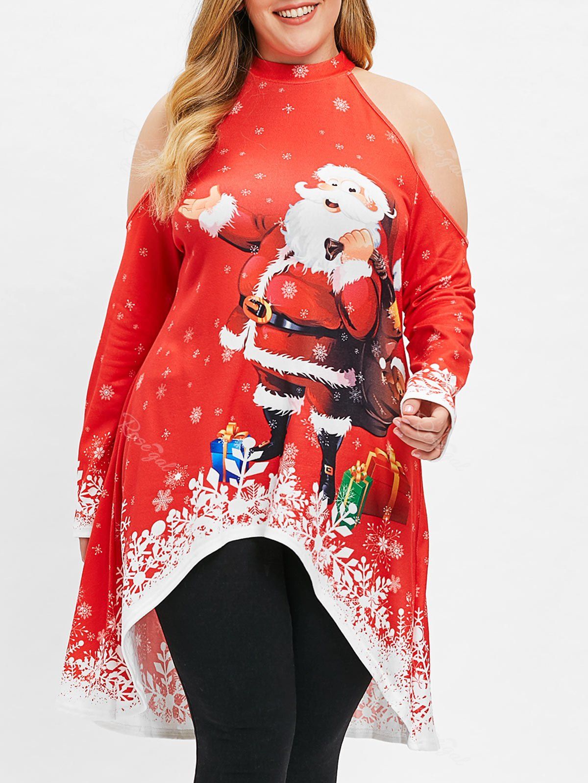 

Christmas Plus Size Open Shoulder Printed High Low Top, Red