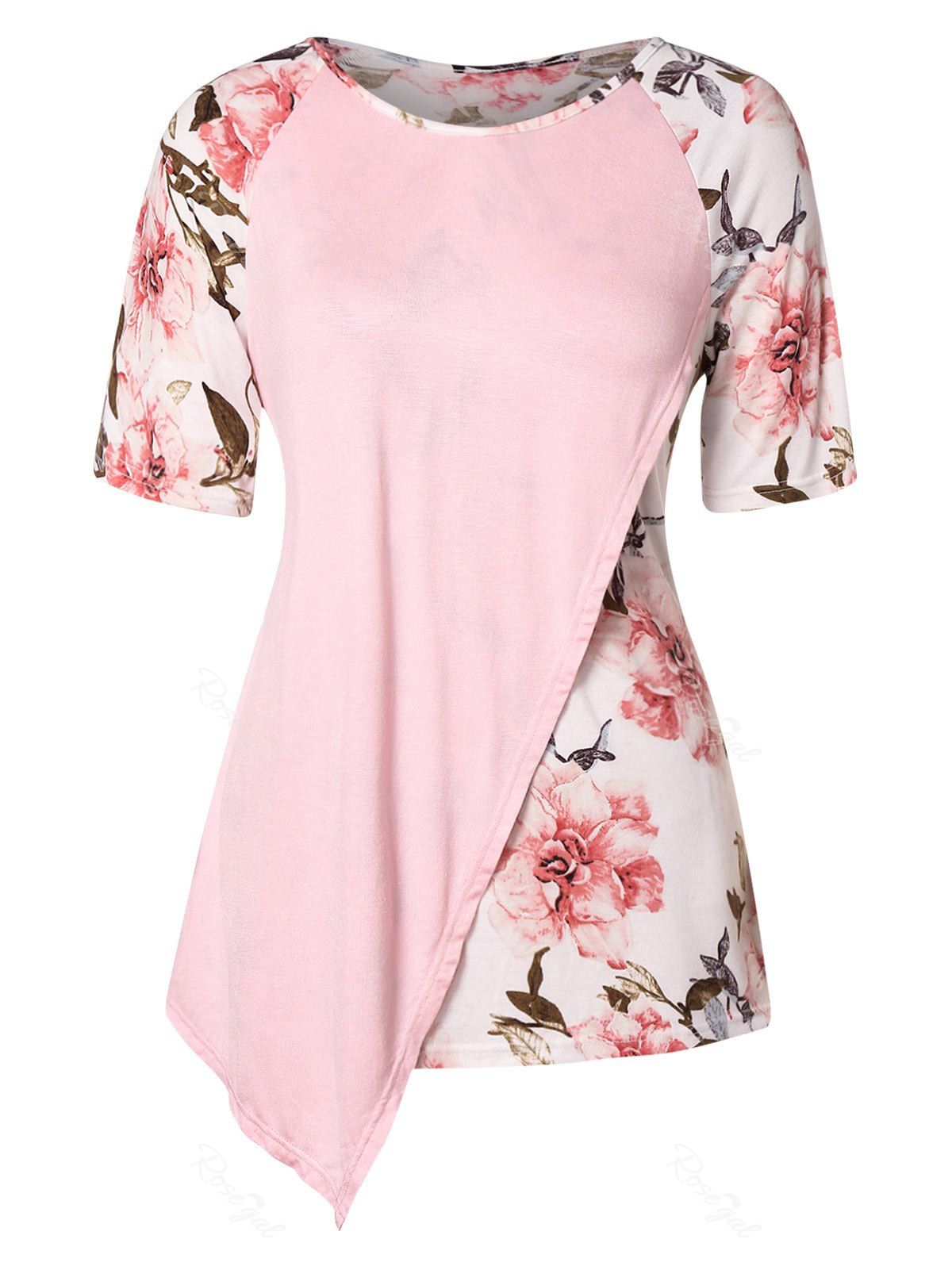 

Plus Size Floral Print Asymmetrical T-shirt, Light pink