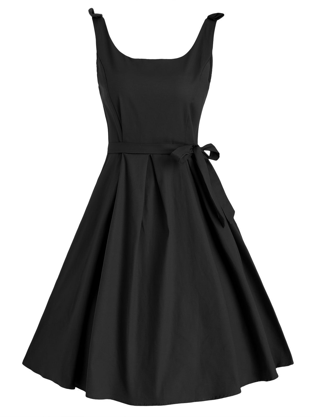 

Sleeveless Bow Shoulder Belted Vintage Dress, Black