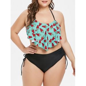 

Plus Szie Backless Flounce Halter Bikini Set with Cinched, Multi