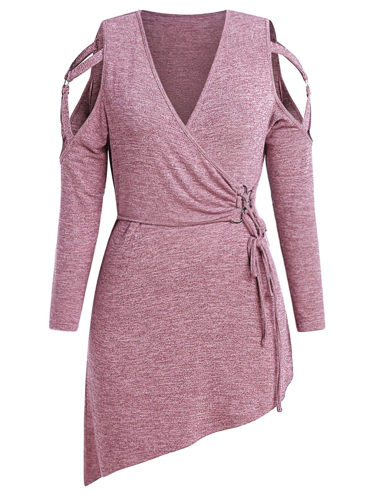 

Plus Size Open Shoulder Lace Up Asymmetrical T-shirt, Rose